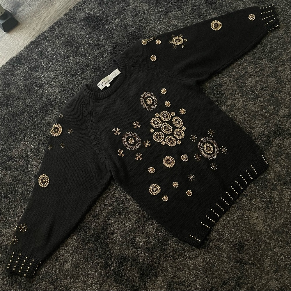 Vintage Western Connection Gold beaded Pullover Knit sweater Shoulder Pads Med